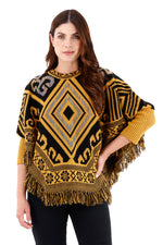 Ruana/Poncho Rombos Flecos Mostaza Para Mujer 