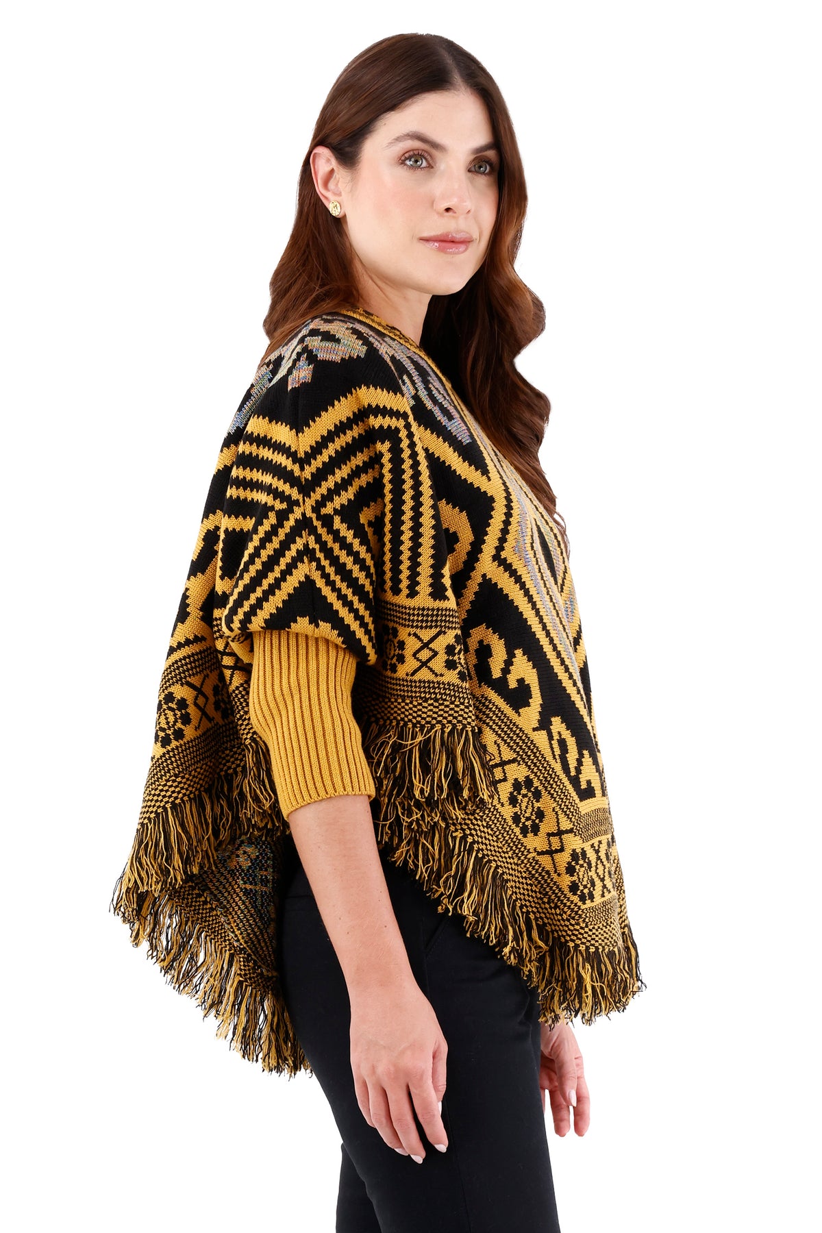 Ruana/Poncho Rombos Flecos Mostaza Para Mujer 