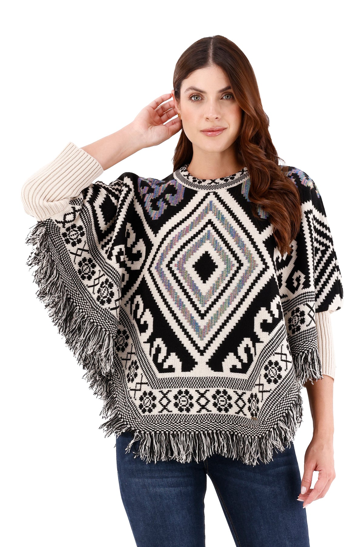 Ruana/Poncho Rombos Flecos Beige Para Mujer