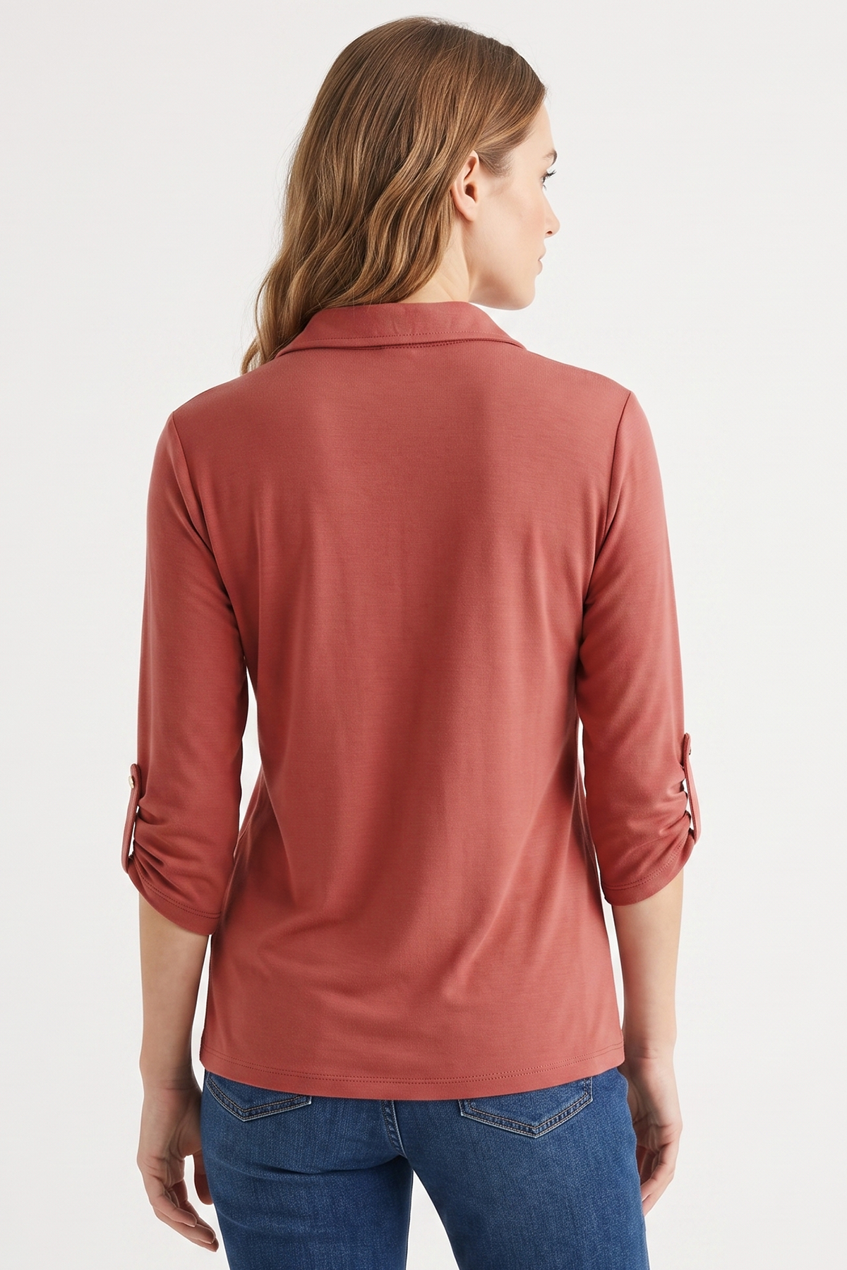 Camiseta manga 3/4 con cierre en lycra para mujer terracota