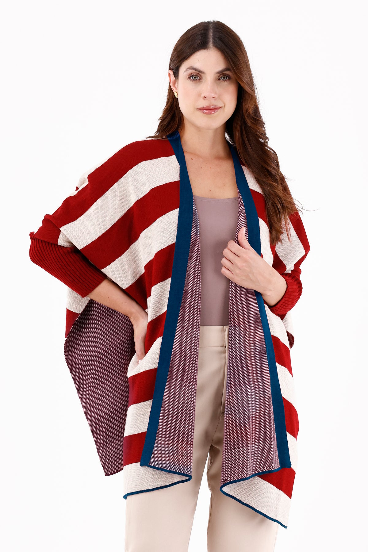 Ruana/Poncho Manga Rayas Roja para mujer