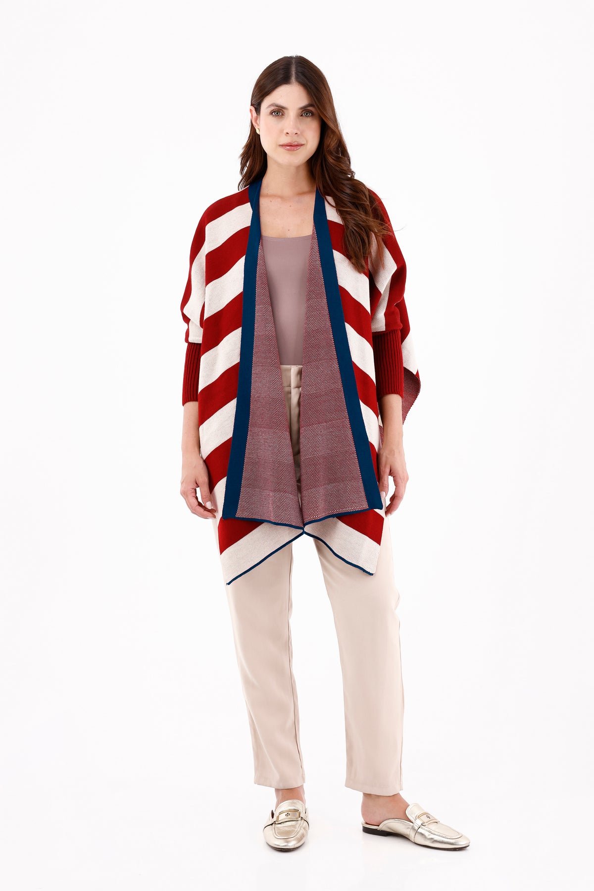 Ruana/Poncho Manga Rayas Roja para mujer