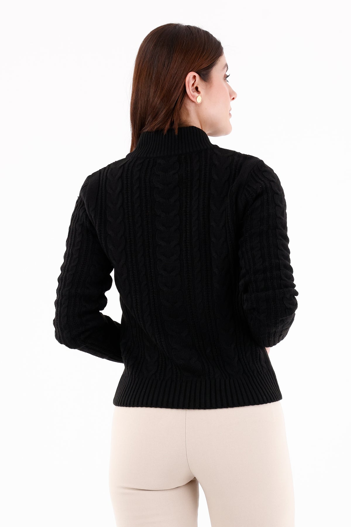 Suéter Manga Larga Tejido Trenza Negro Para Mujer 