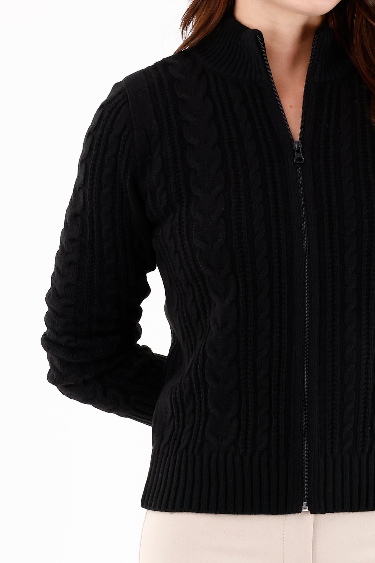 Suéter Manga Larga Tejido Trenza Negro Para Mujer 