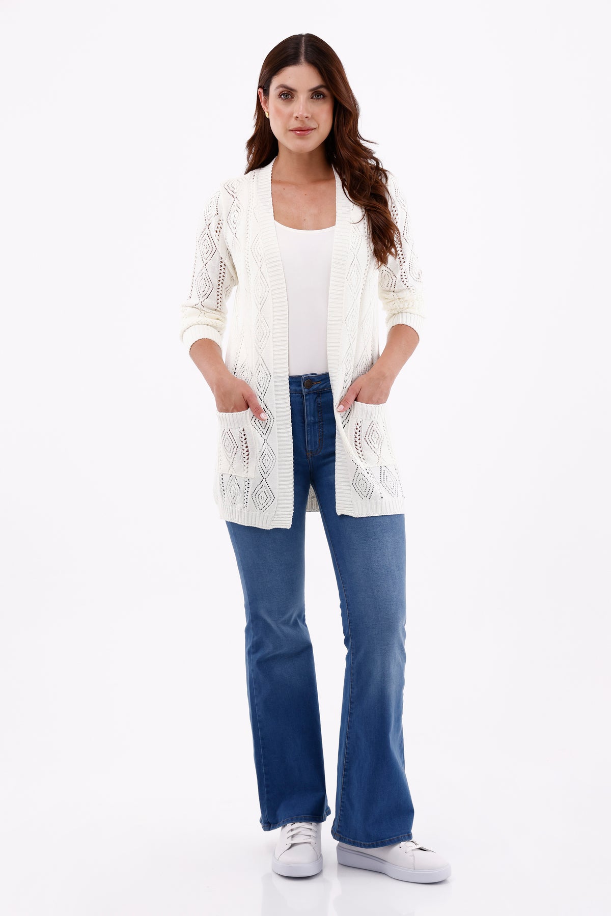 Suéter/Cárdigan Rombos Bolsillos Crudo Para Mujer 