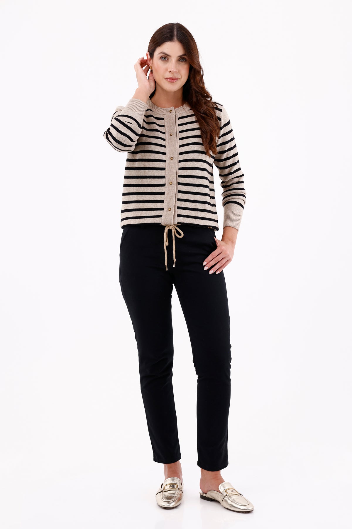 Suéter Rayas Cuello Redondo Camel Para Mujer 