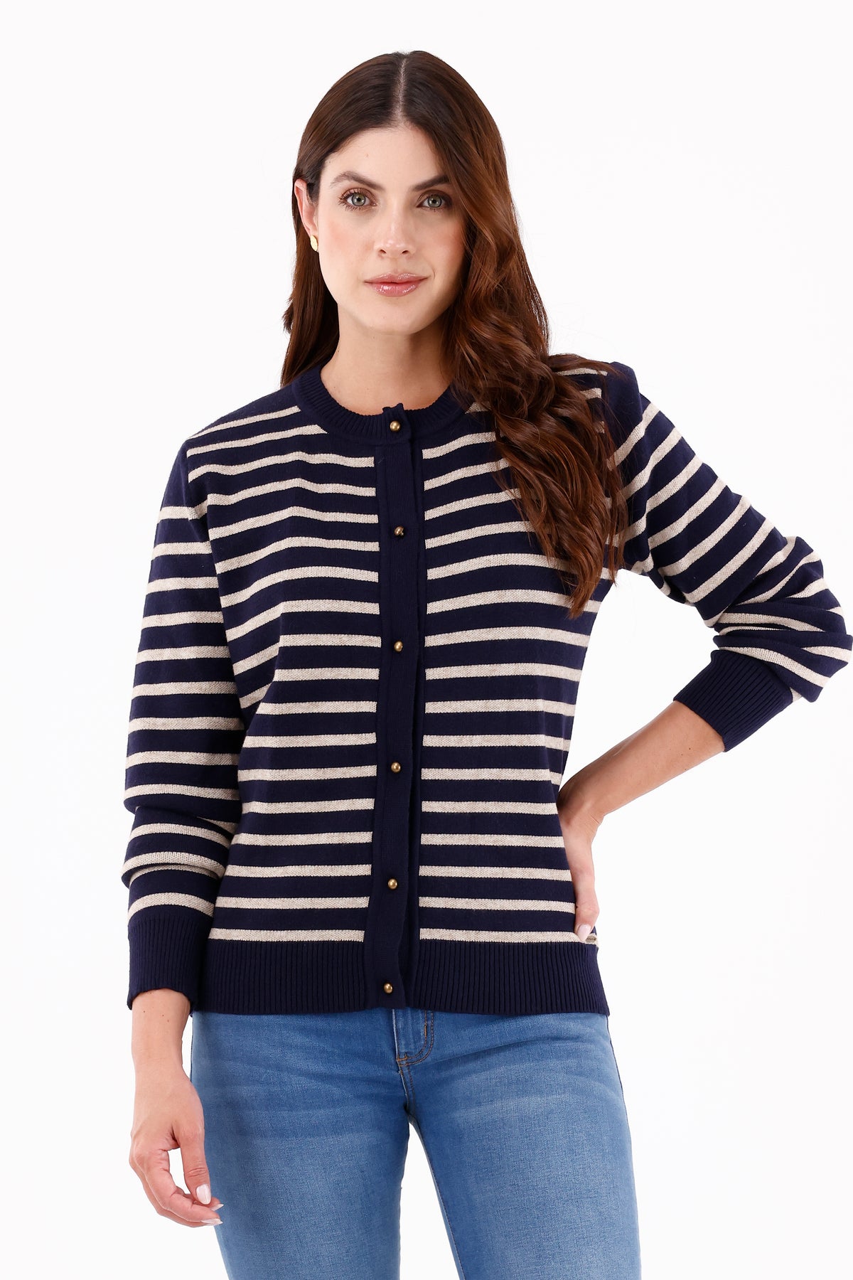 Suéter Rayas Cuello Redondo Azul Oscuro