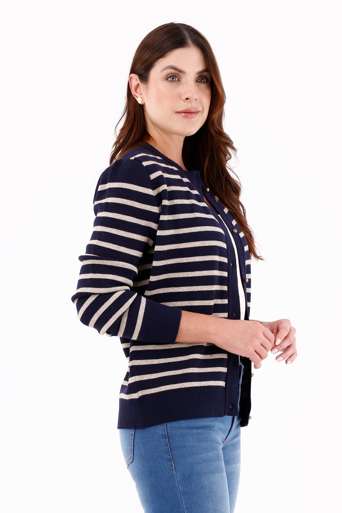 Suéter Rayas Cuello Redondo Azul Oscuro Para Mujer 