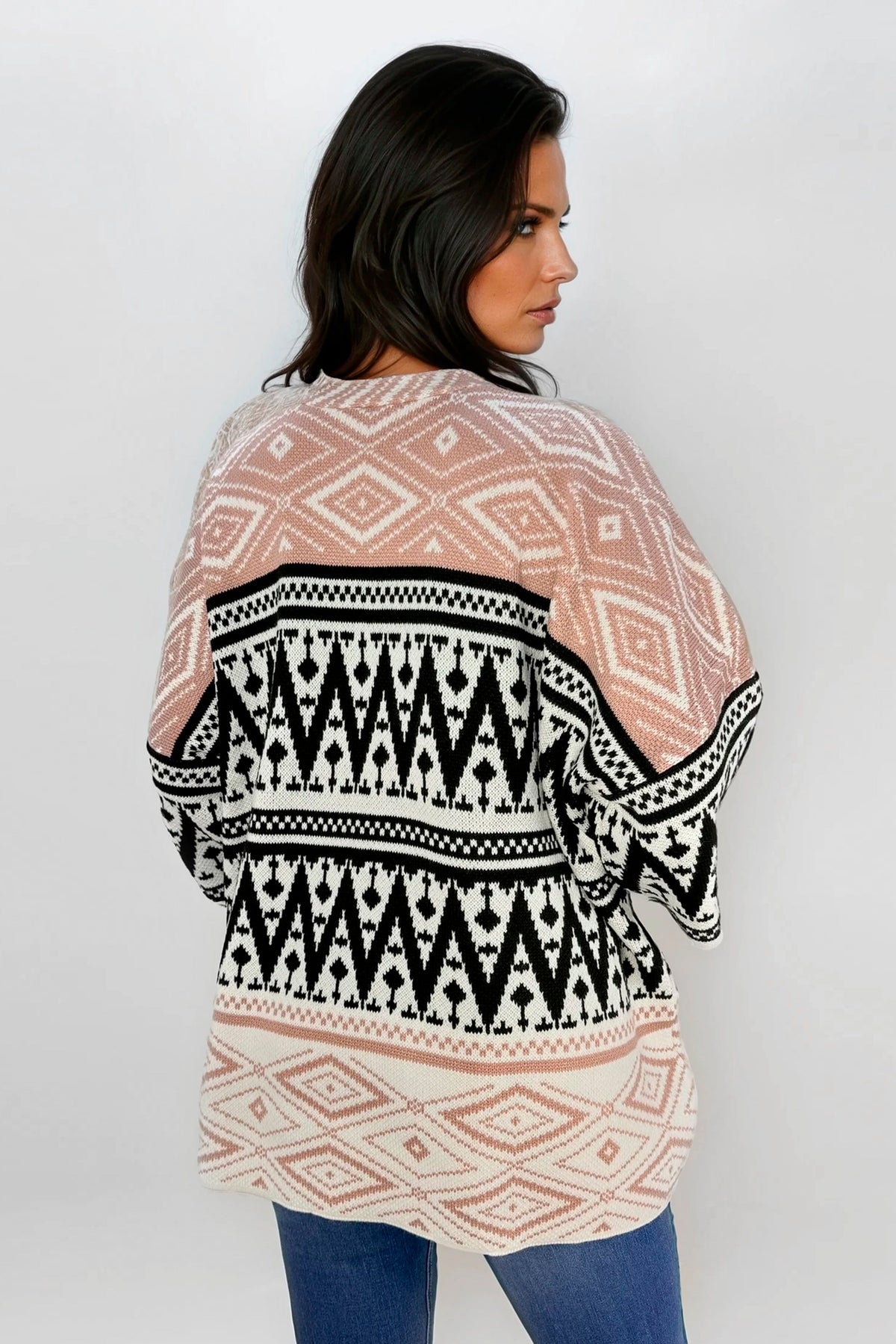 Ruana Manga Corta Bolsillos Rombos Palo De Rosa