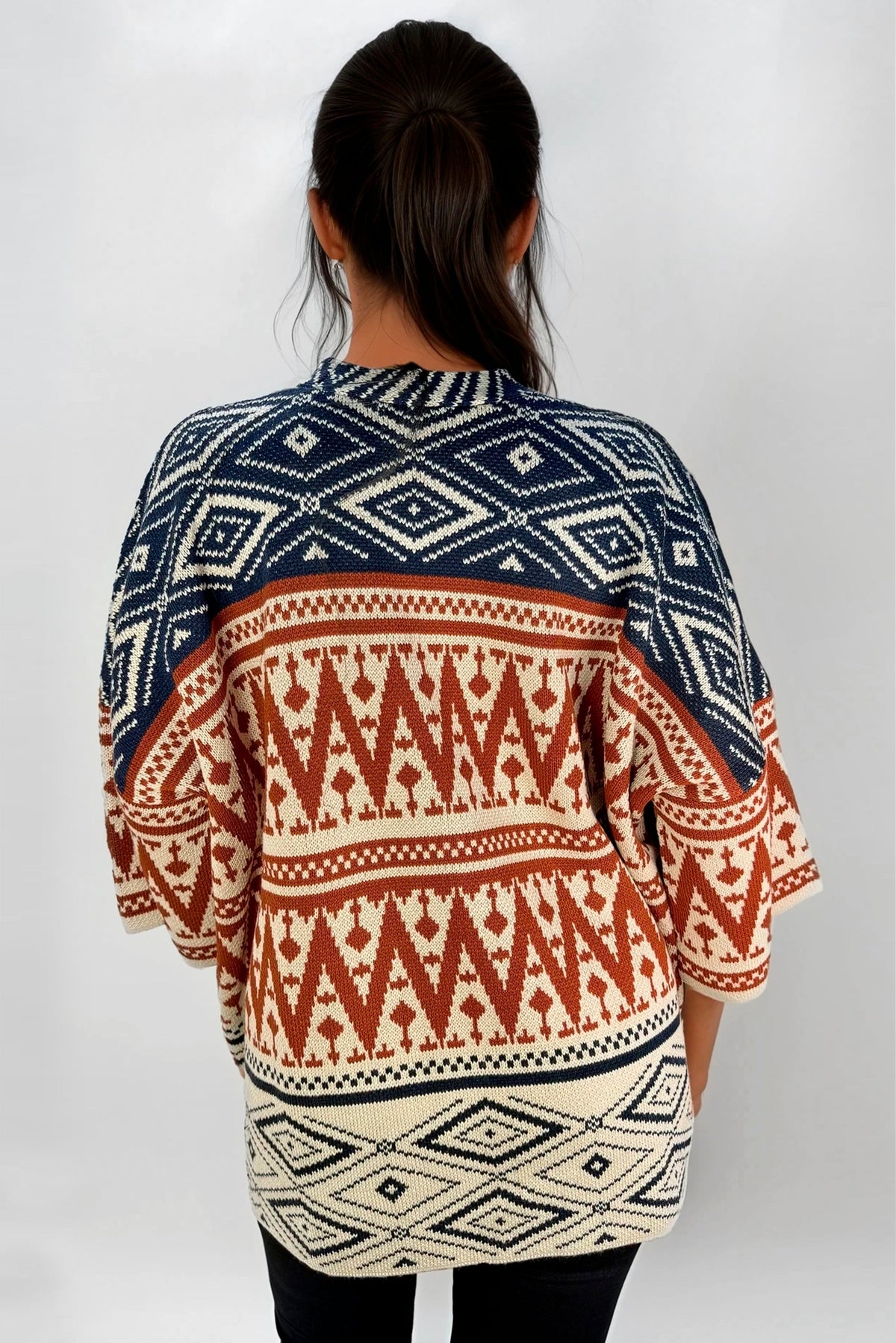 Ruana Manga Corta Bolsillos Rombos Terracota