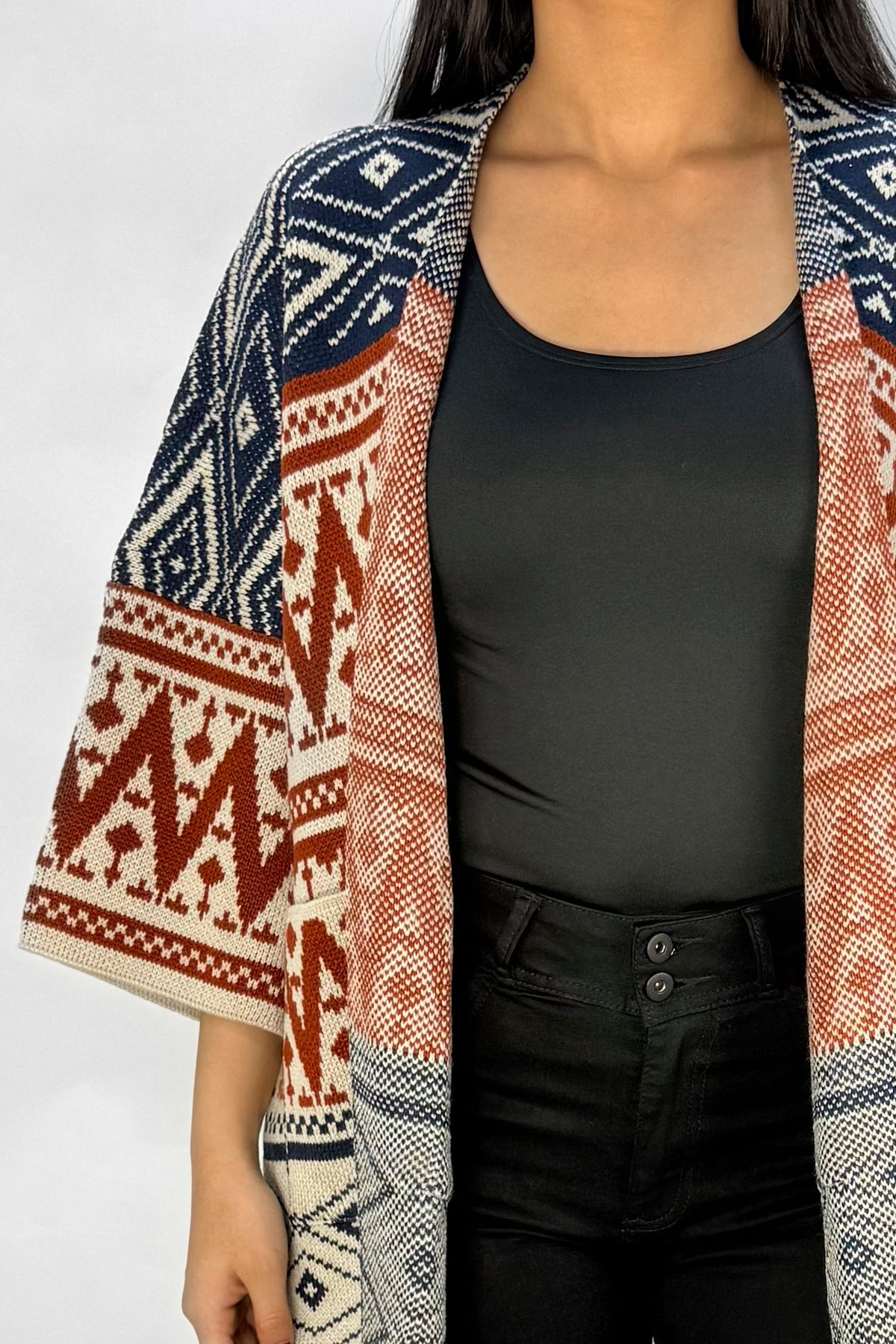 Ruana Manga Corta Bolsillos Rombos Terracota