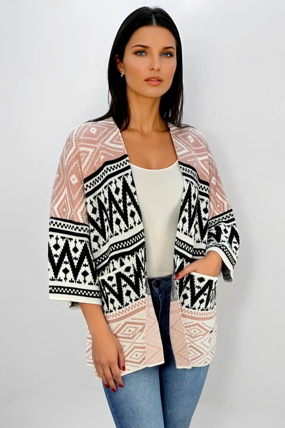 Ruana Manga Corta Bolsillos Rombos Palo De Rosa