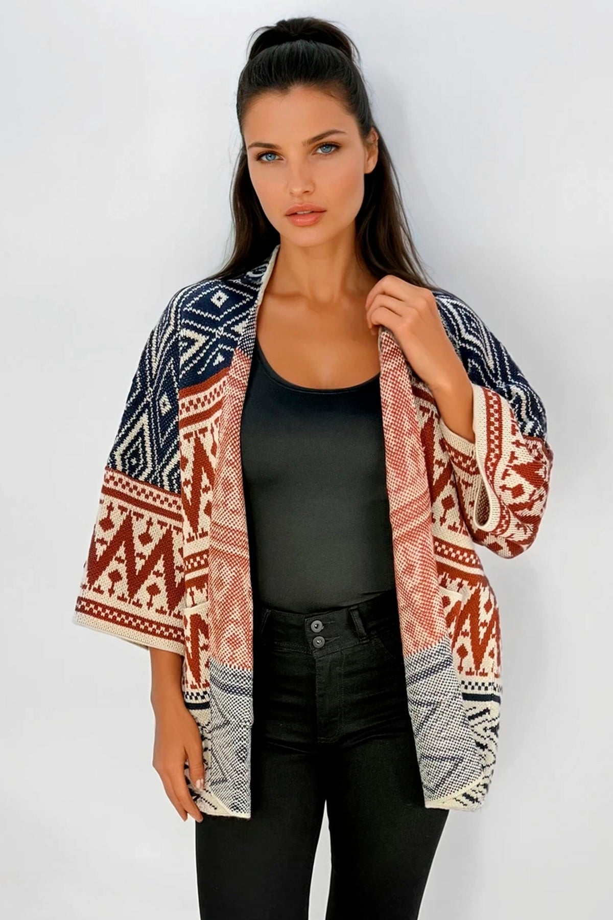 Ruana Manga Corta Bolsillos Rombos Terracota