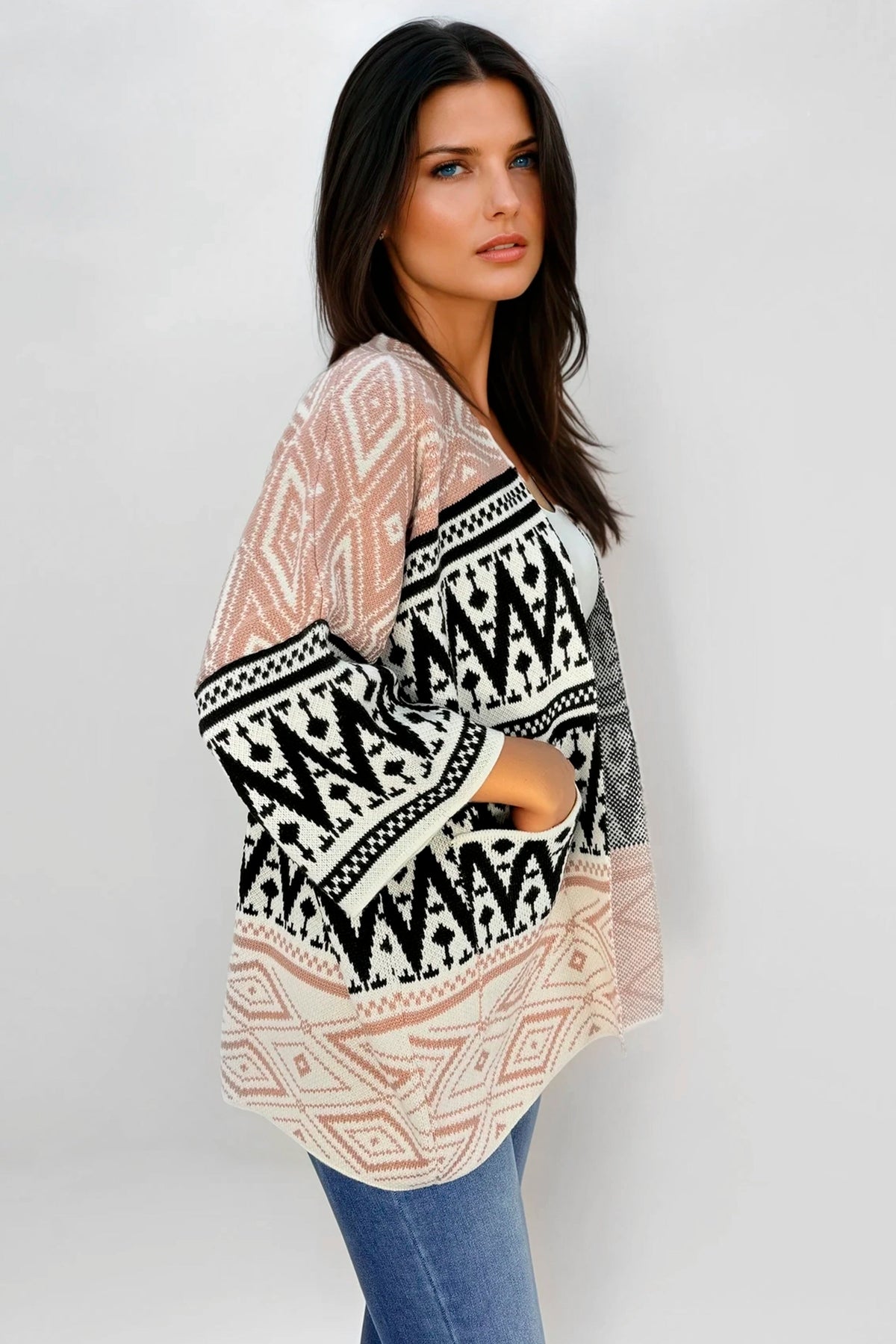 Ruana Manga Corta Bolsillos Rombos Palo De Rosa