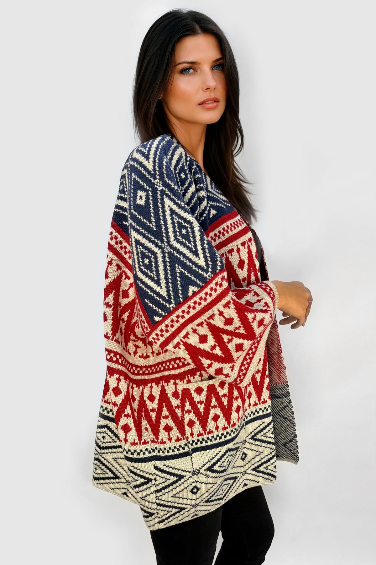 Ruana Manga Corta Bolsillos Rombos Rojo