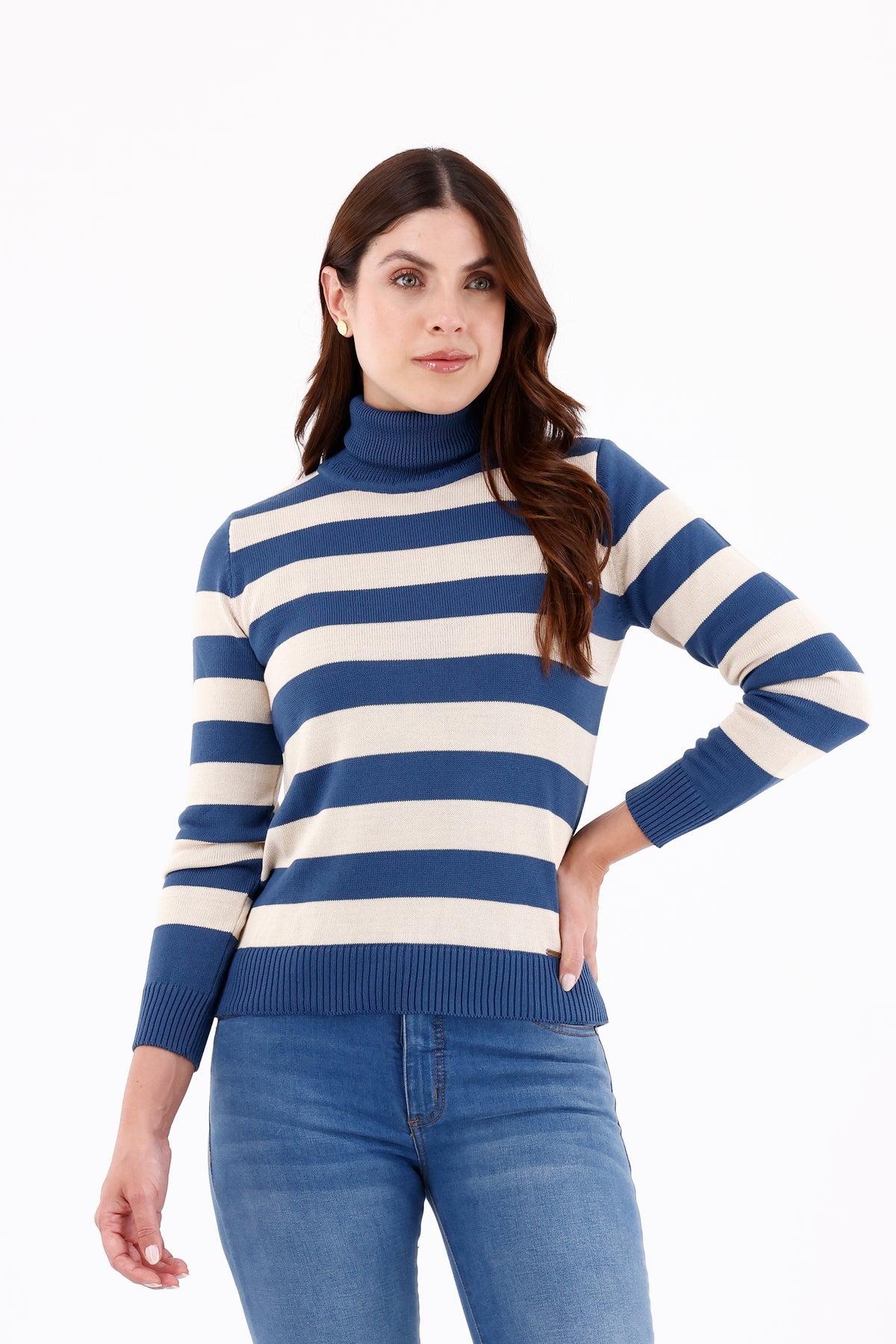 Camisa Cuello Tortuga Manga Larga Rayas Azul Petróleo Para Mujer 