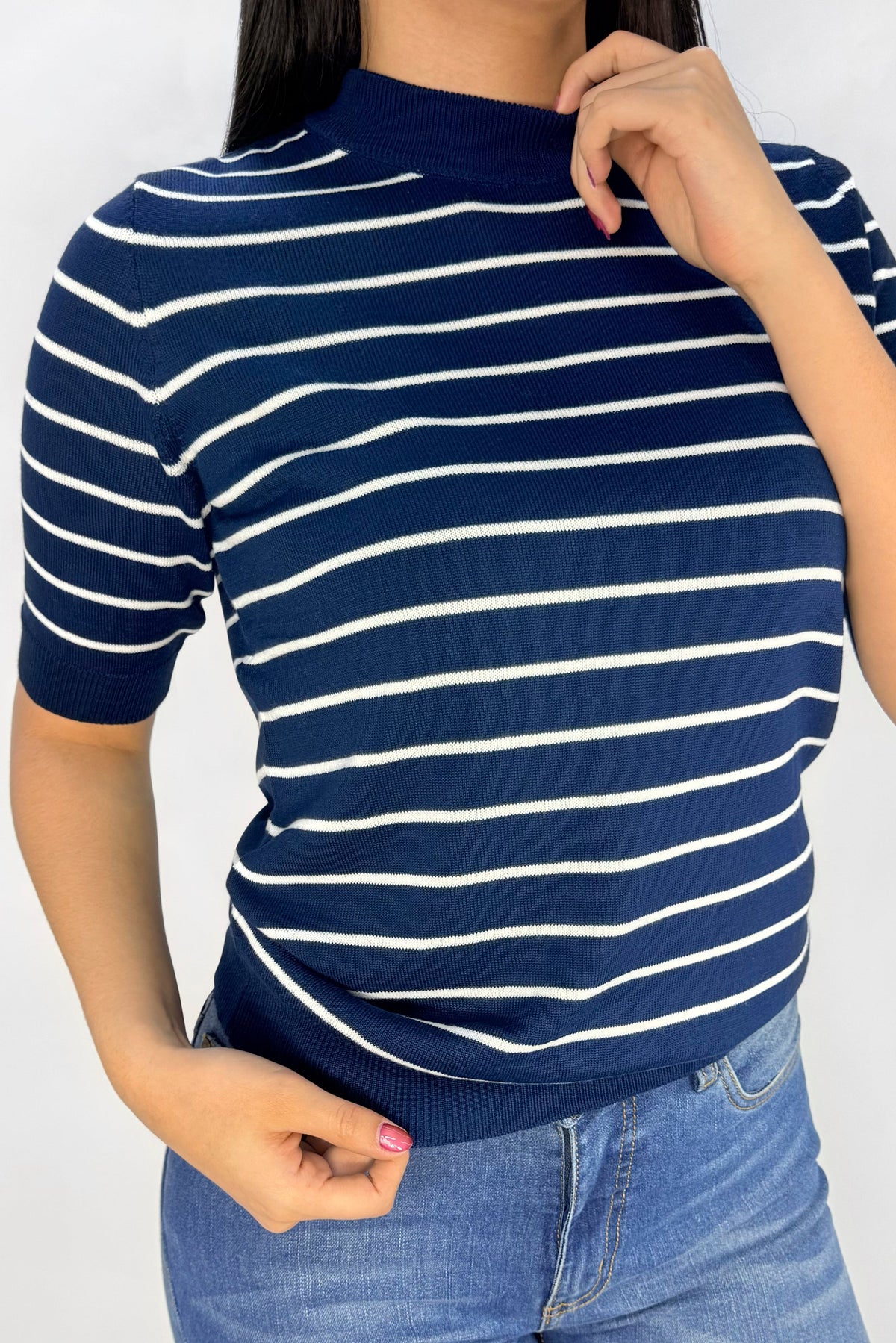 Camiseta Manga Corta Cuello Redondo Rayas Azul Oscuro