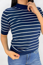 Camiseta Manga Corta Cuello Redondo Rayas Azul Oscuro