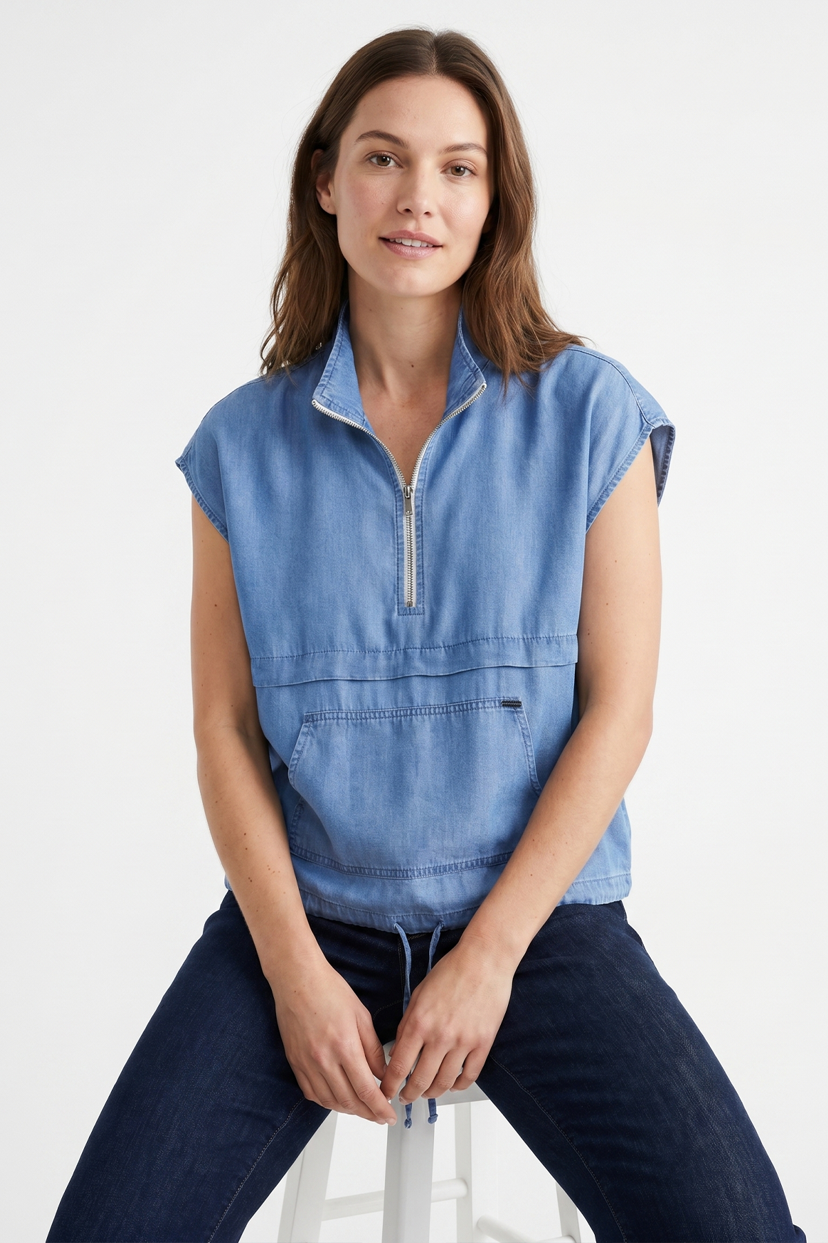 Blusa Casual Azul Medio en Chambray para Mujer