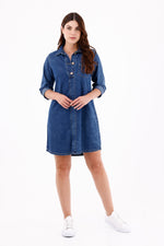 Vestido Manga Larga Índigo Botones Azul Medio Para Mujer 