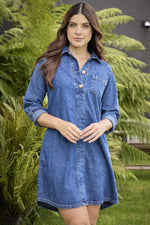 Vestido Manga Larga Índigo Botones Azul Medio Para Mujer 