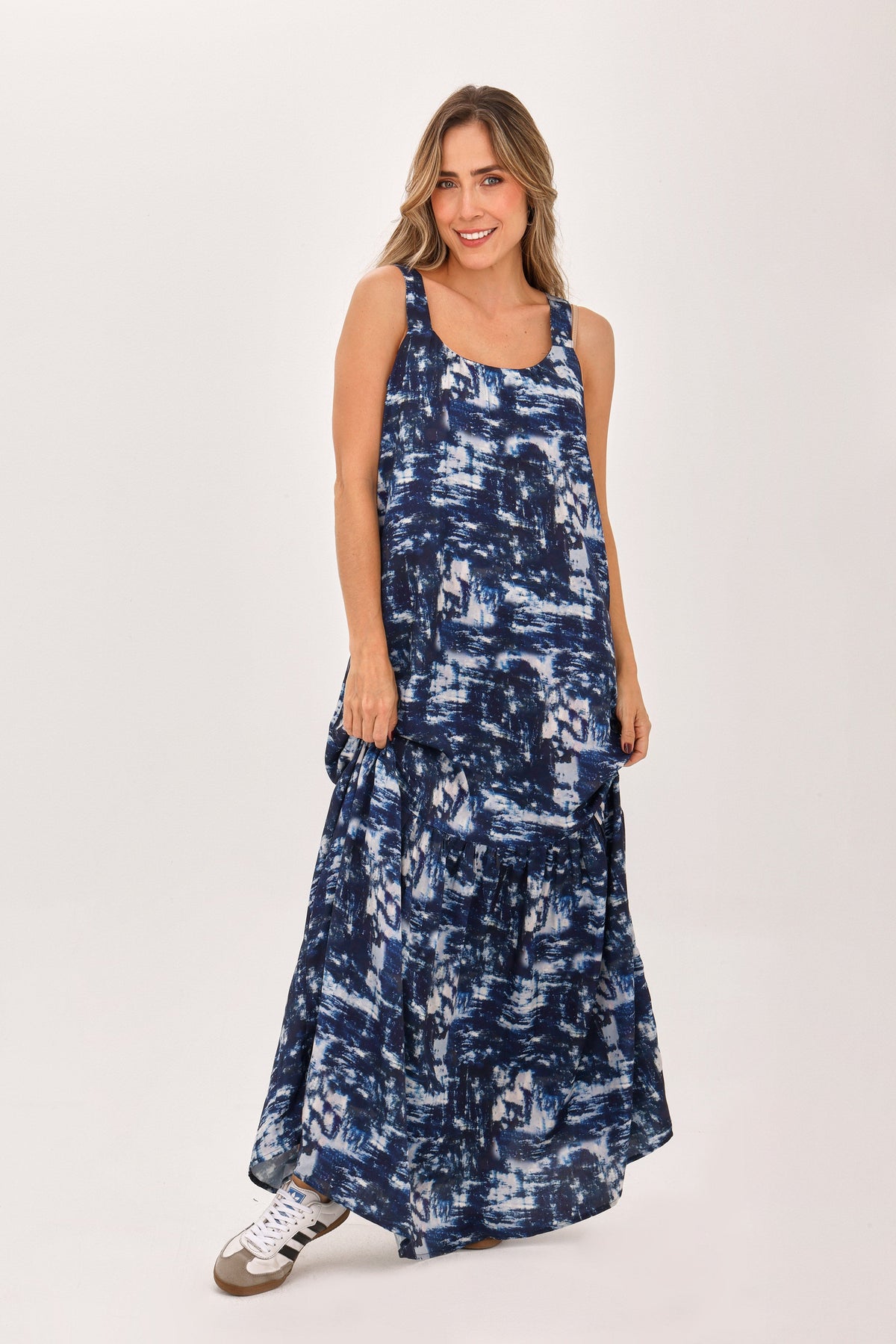 Vestido Largo Manga Tira Étnico Azul Oscuro