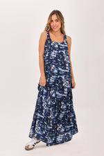 Vestido Largo Manga Tira Étnico Azul Oscuro