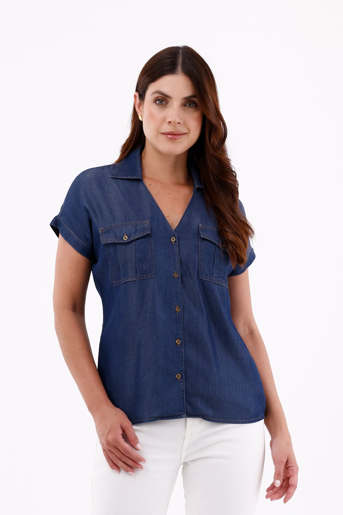 Blusa Manga Rodada Chambray Azul Oscuro Para Mujer 