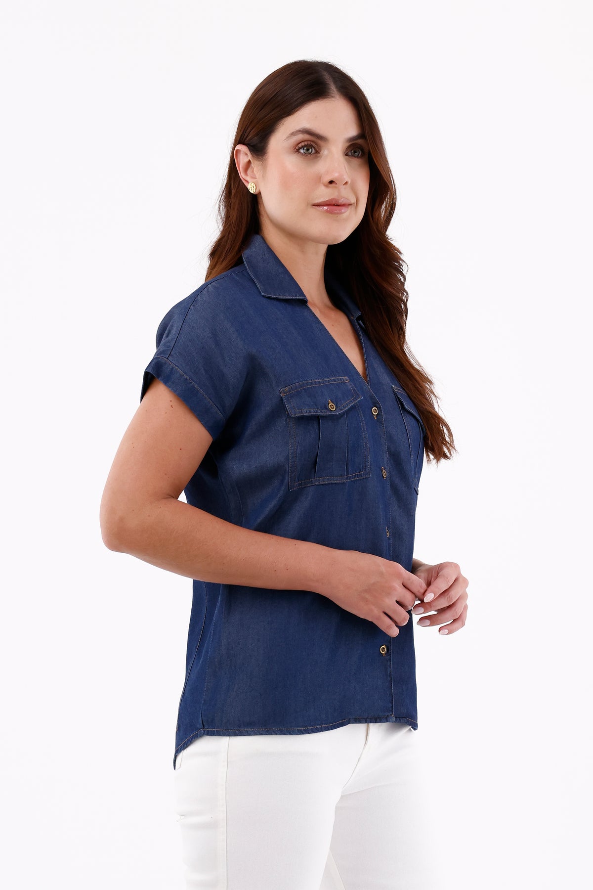 Blusa Manga Rodada Chambray Azul Oscuro Para Mujer 