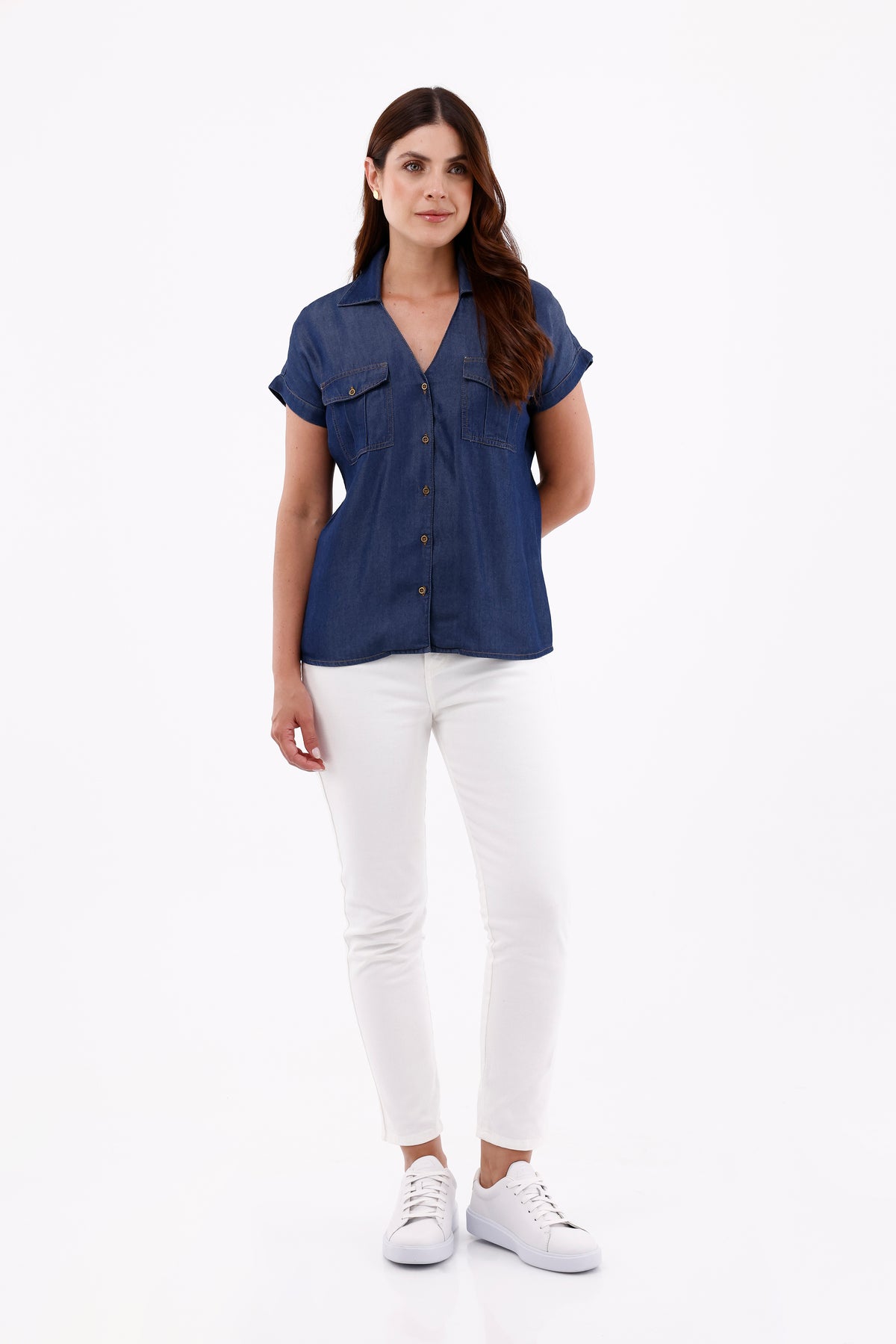 Blusa Manga Rodada Chambray Azul Oscuro Para Mujer 