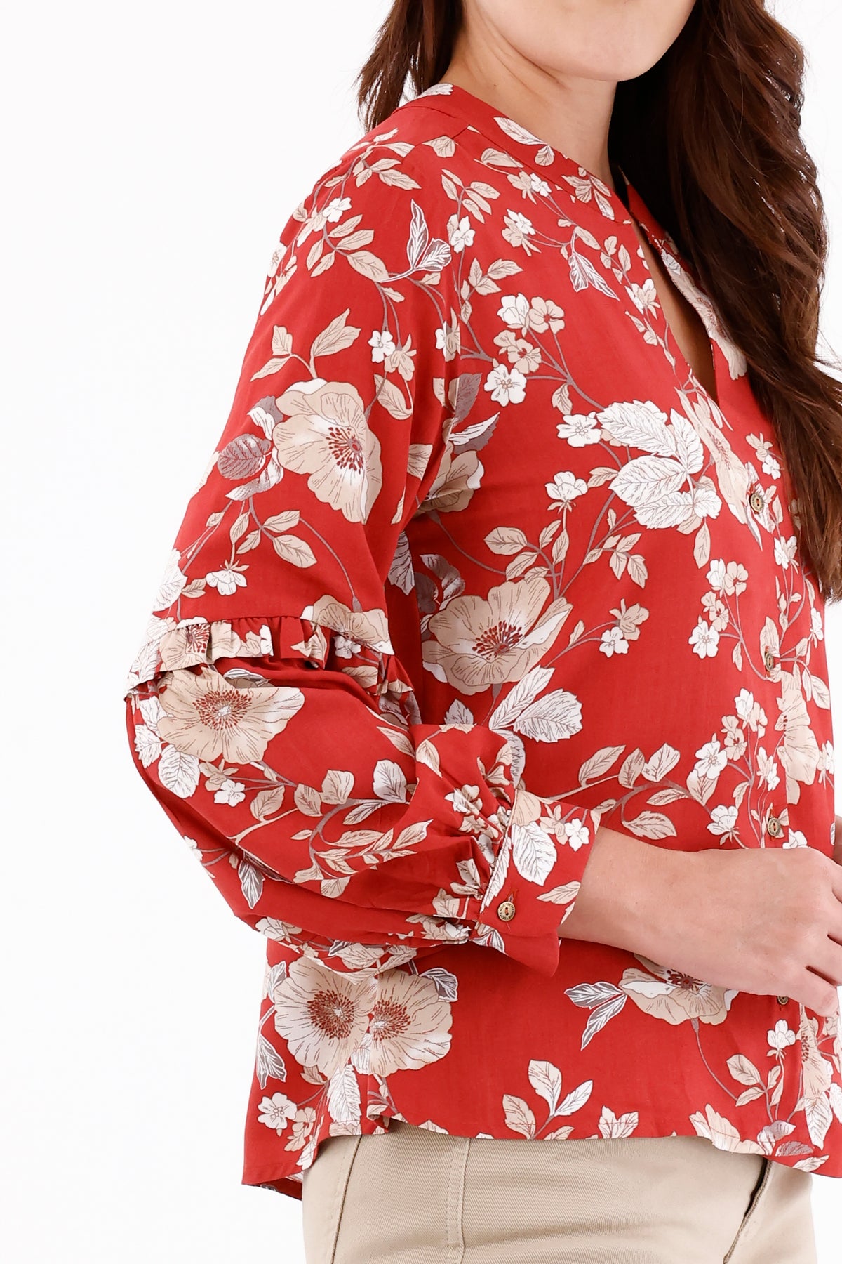 Blusa Manga Larga Corte Flores Terracota Para Mujer 