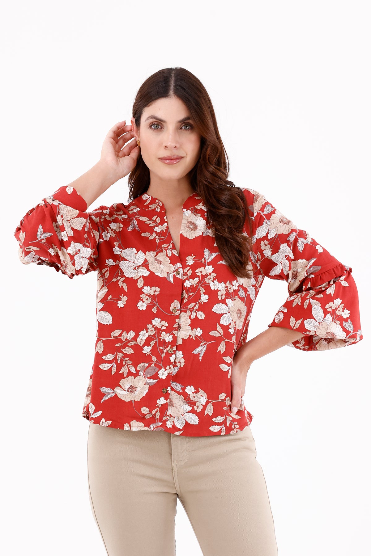 Blusa Manga Larga Corte Flores Terracota Para Mujer 