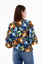 Blusa Manga Larga Corte Hojas Azul Oscuro Para Mujer 