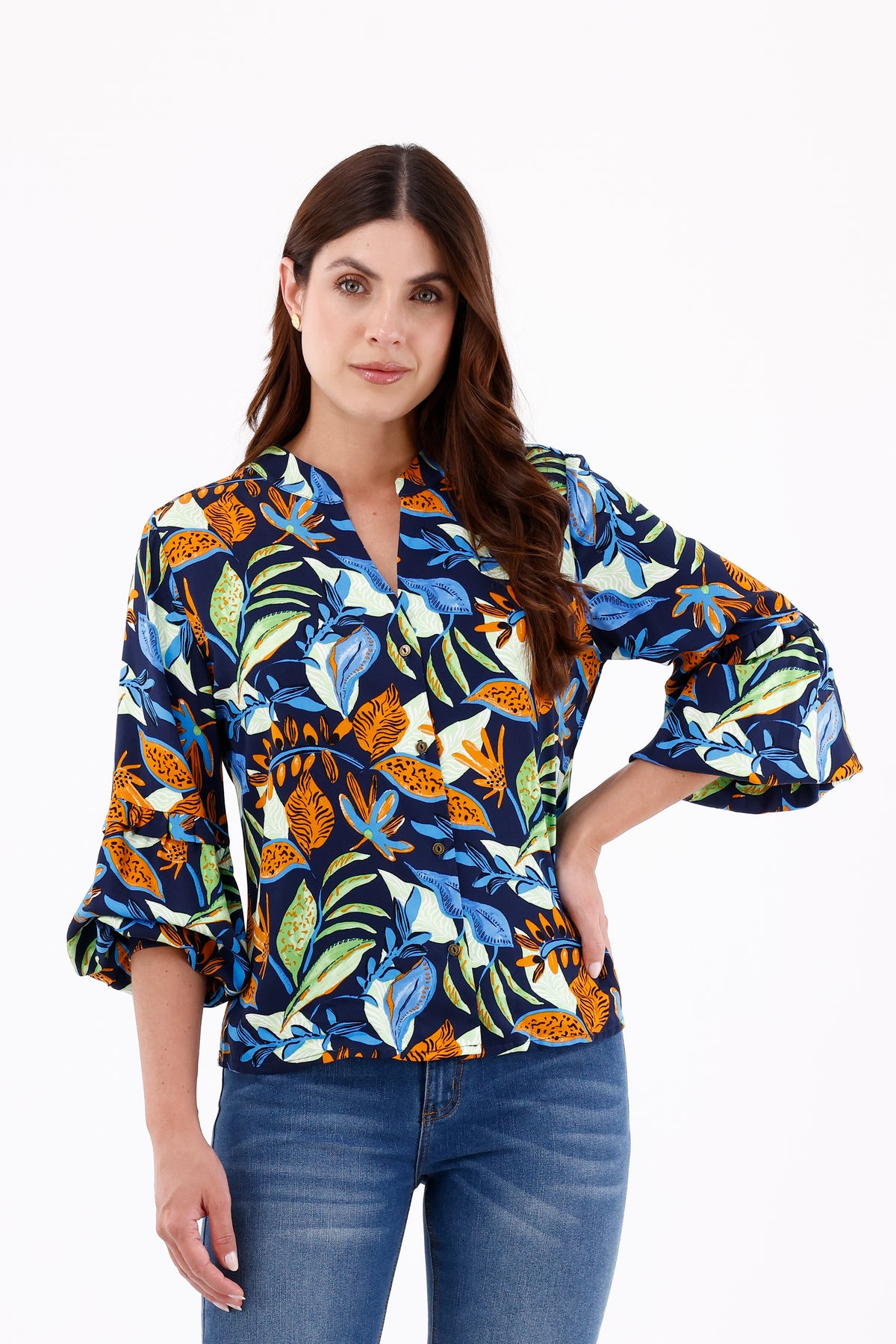 Blusa Manga Larga Corte Hojas Azul Oscuro Para Mujer 
