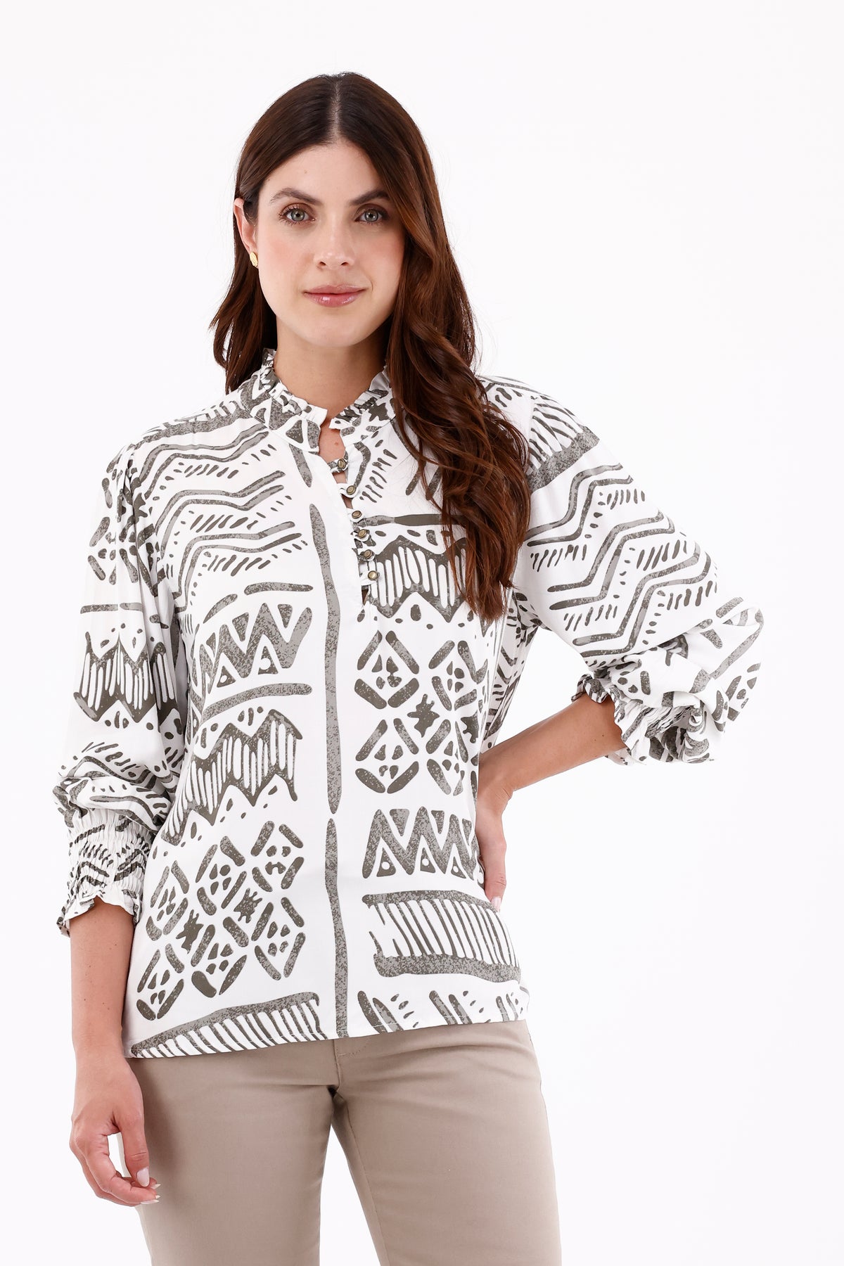 Blusa Manga Larga Cuello Ruched Figuras Blanco