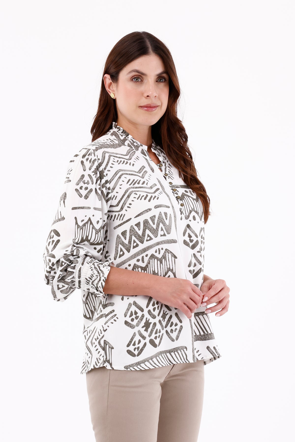 Blusa Manga Larga Cuello Ruched Figuras Blanco