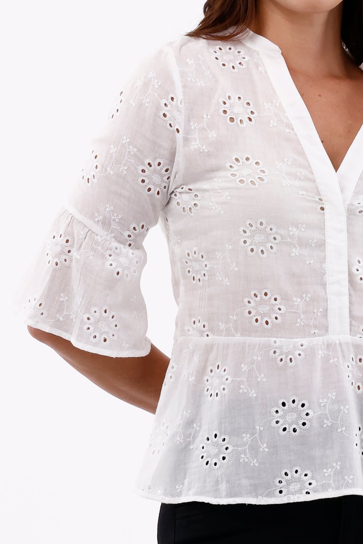 Blusa Manga 3/4 Bolero Ojalillo Blanco