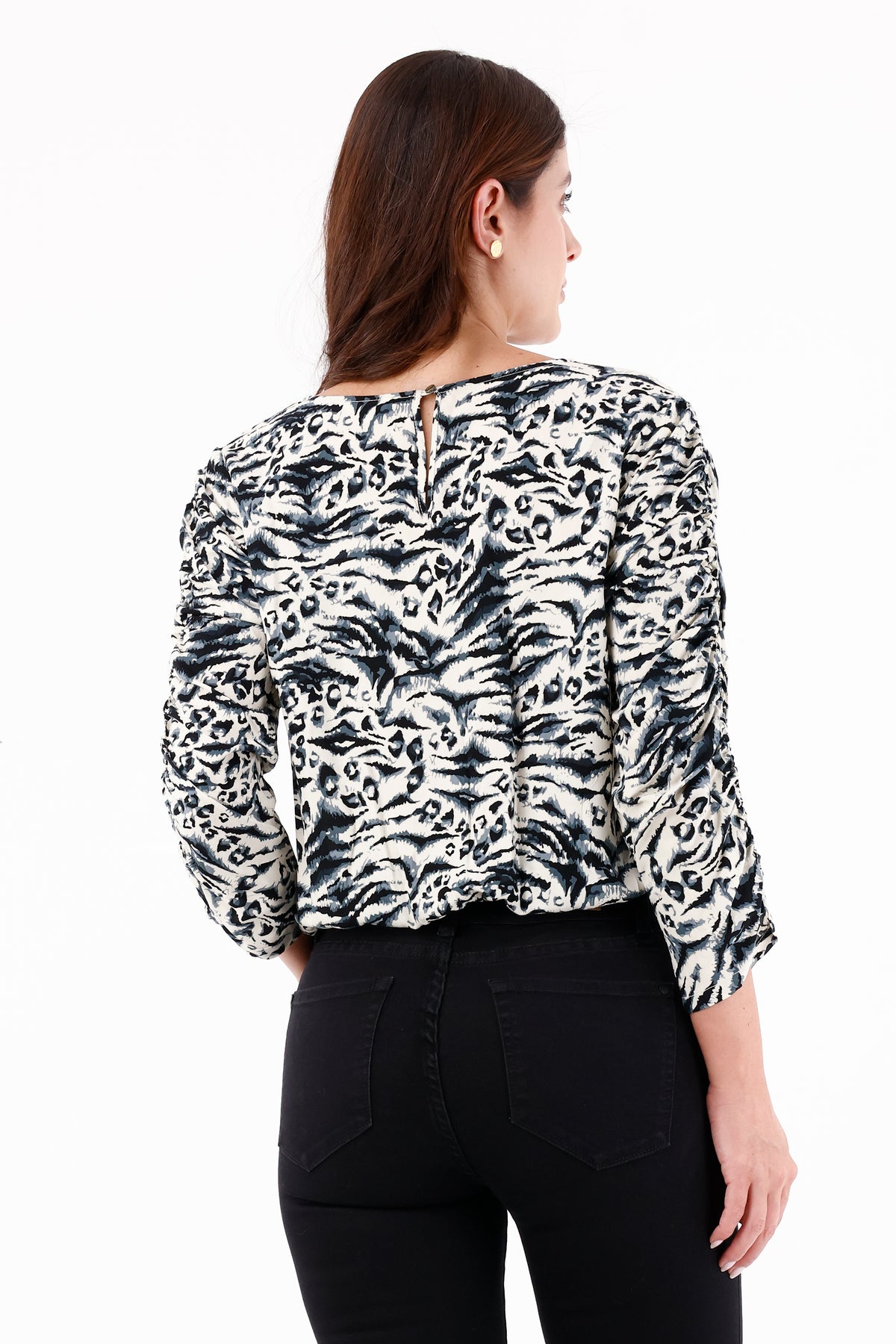 Blusa Manga Recogida Étnica Crudo Para Mujer 