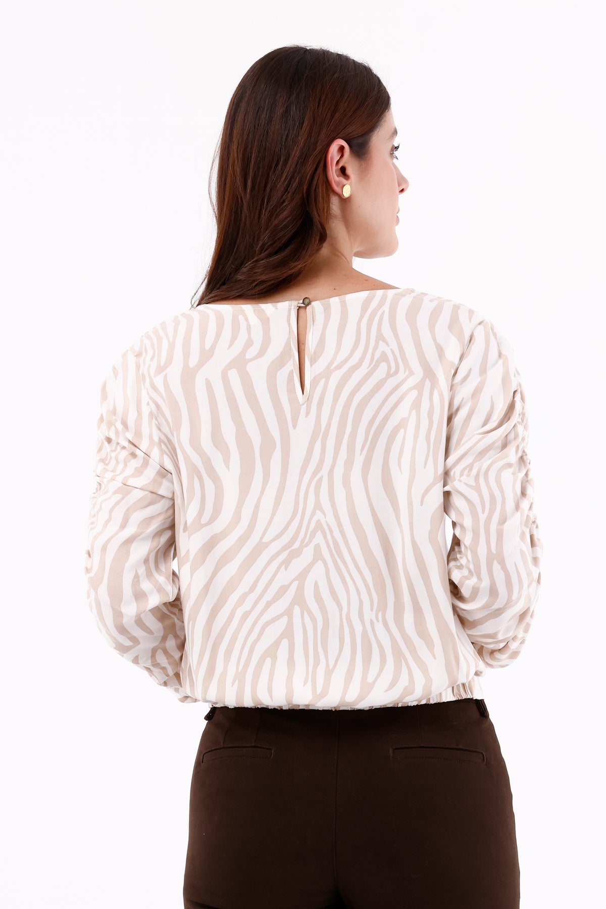 Blusa Manga Larga Recogida Étnica Beige
