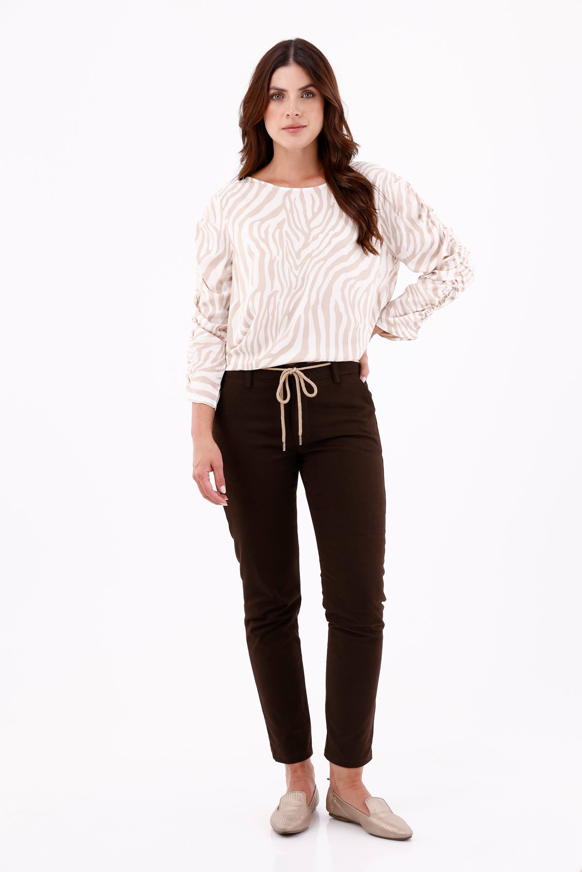 Blusa Manga Larga Recogida Étnica Beige