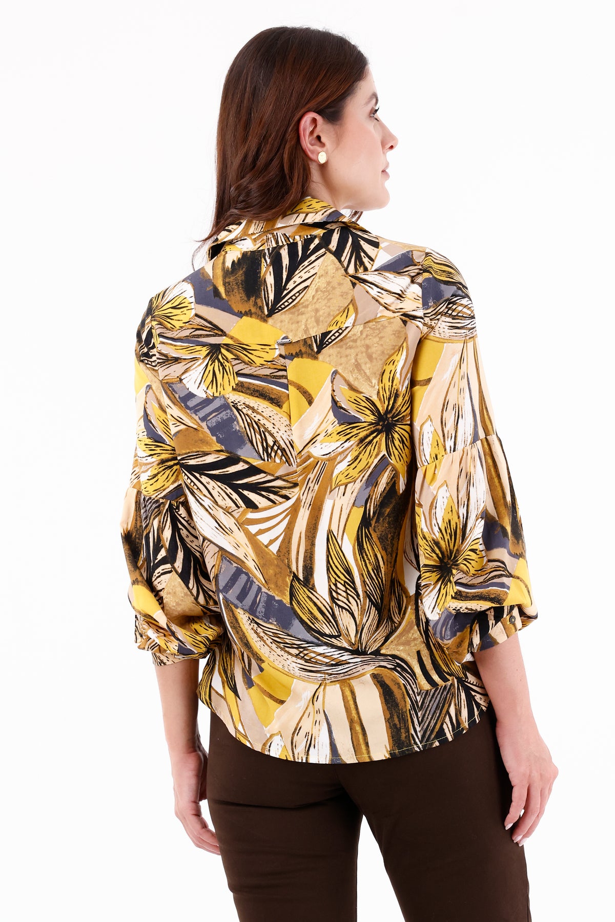 Blusa Manga Larga Hojas Grandes Mostaza Para Mujer