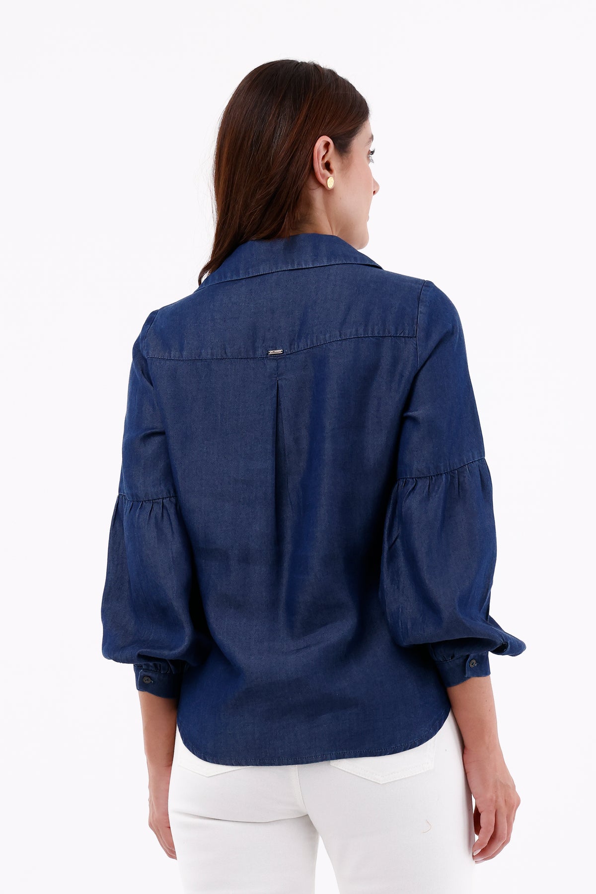 Blusa Manga Larga Bombacha Tencel Azul Oscuro Para Mujer 