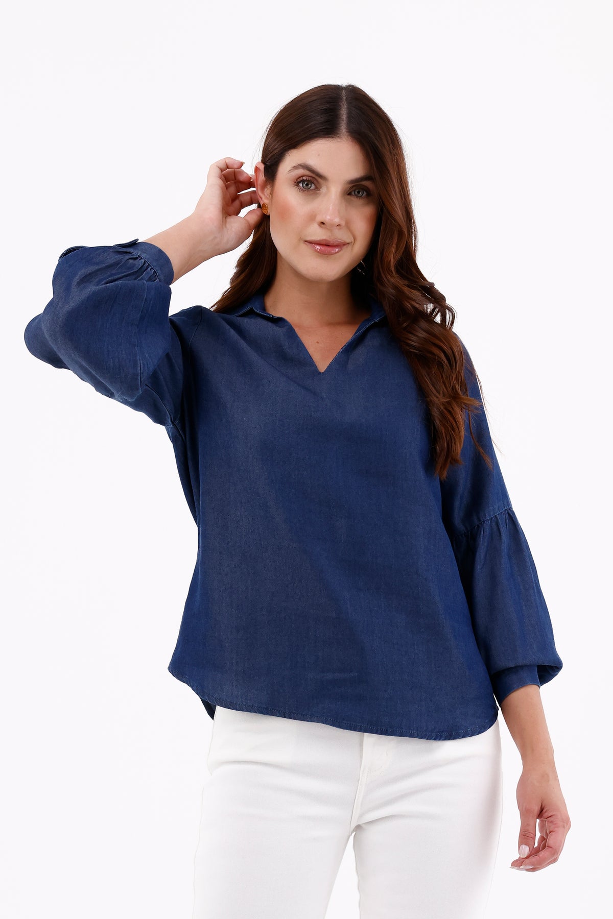 Blusa Manga Larga Bombacha Tencel Azul Oscuro Para Mujer 