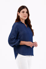 Blusa Manga Larga Bombacha Tencel Azul Oscuro Para Mujer 