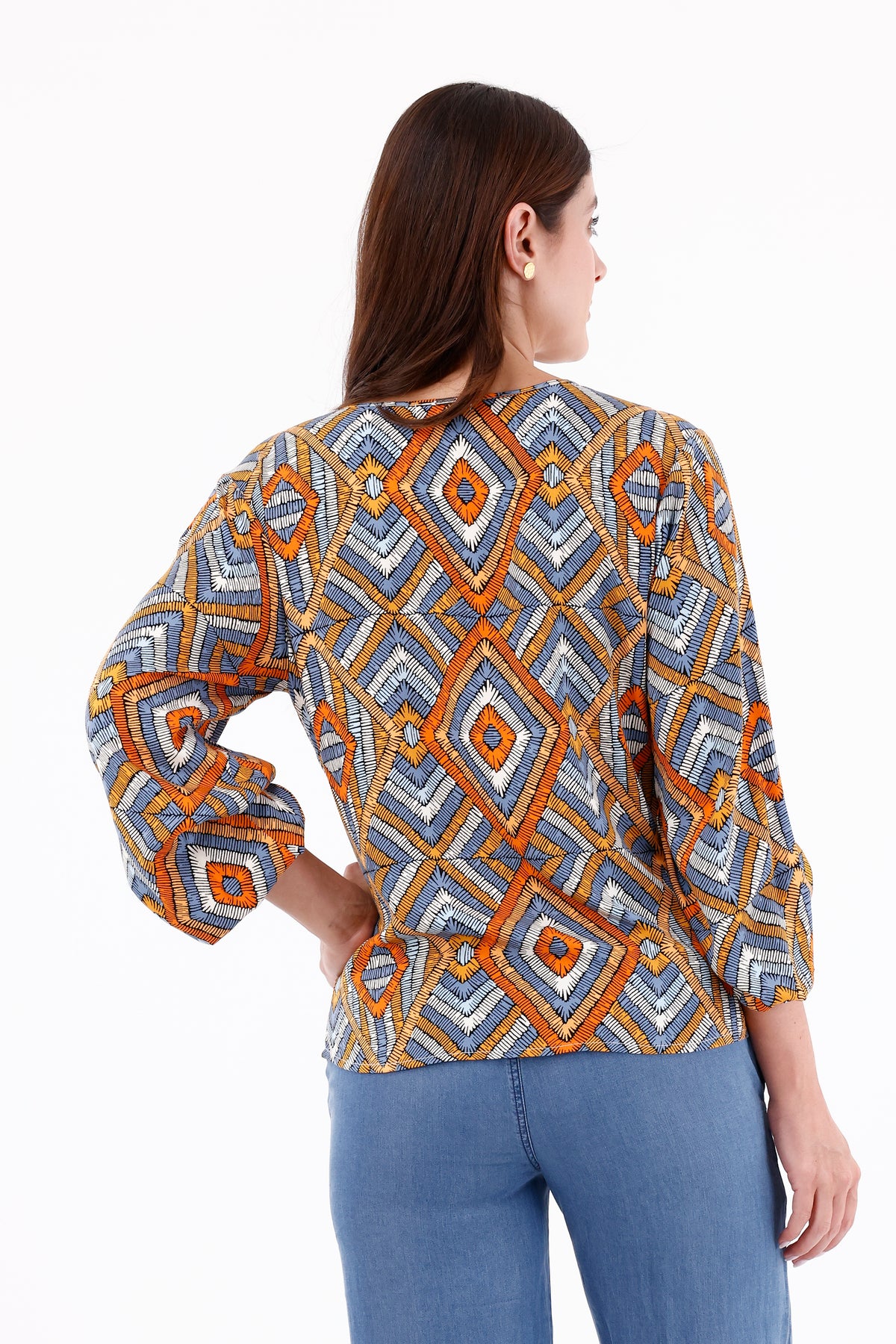 Blusa Manga Larga Cuello V Rombos Naranja