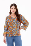 Blusa Manga Larga Cuello V Rombos Naranja