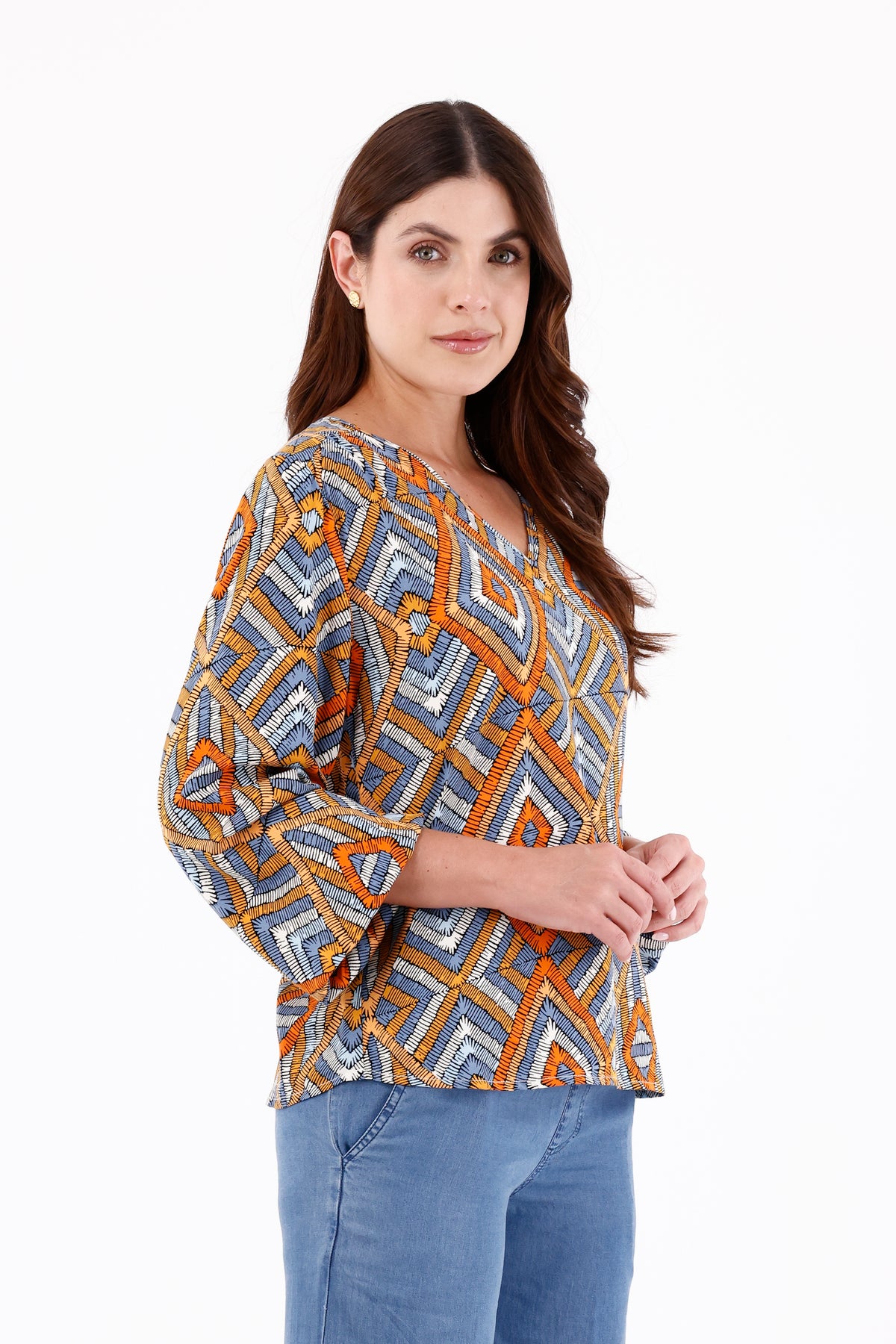 Blusa Manga Larga Cuello V Rombos Naranja Para Mujer 
