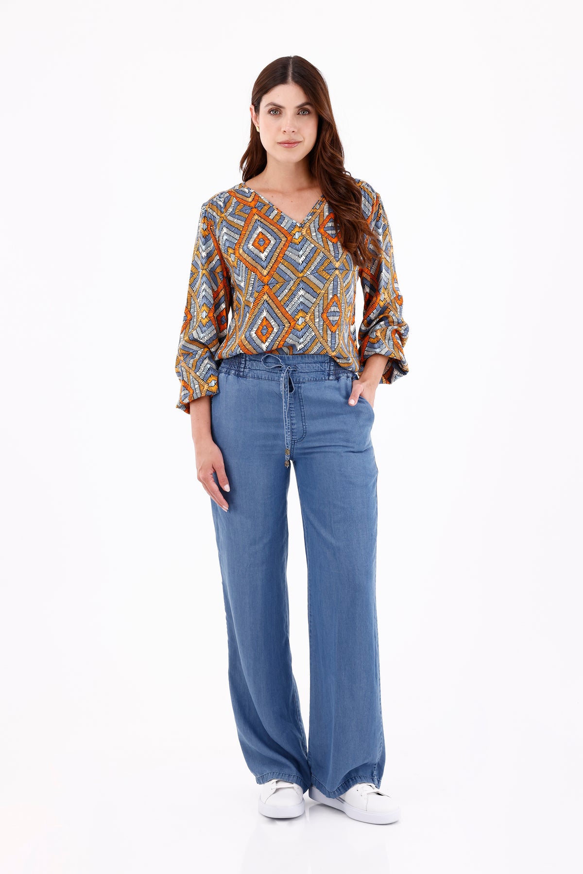 Blusa Manga Larga Cuello V Rombos Naranja