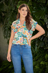 Blusa Manga Rodada Flores Hojas Naranja
