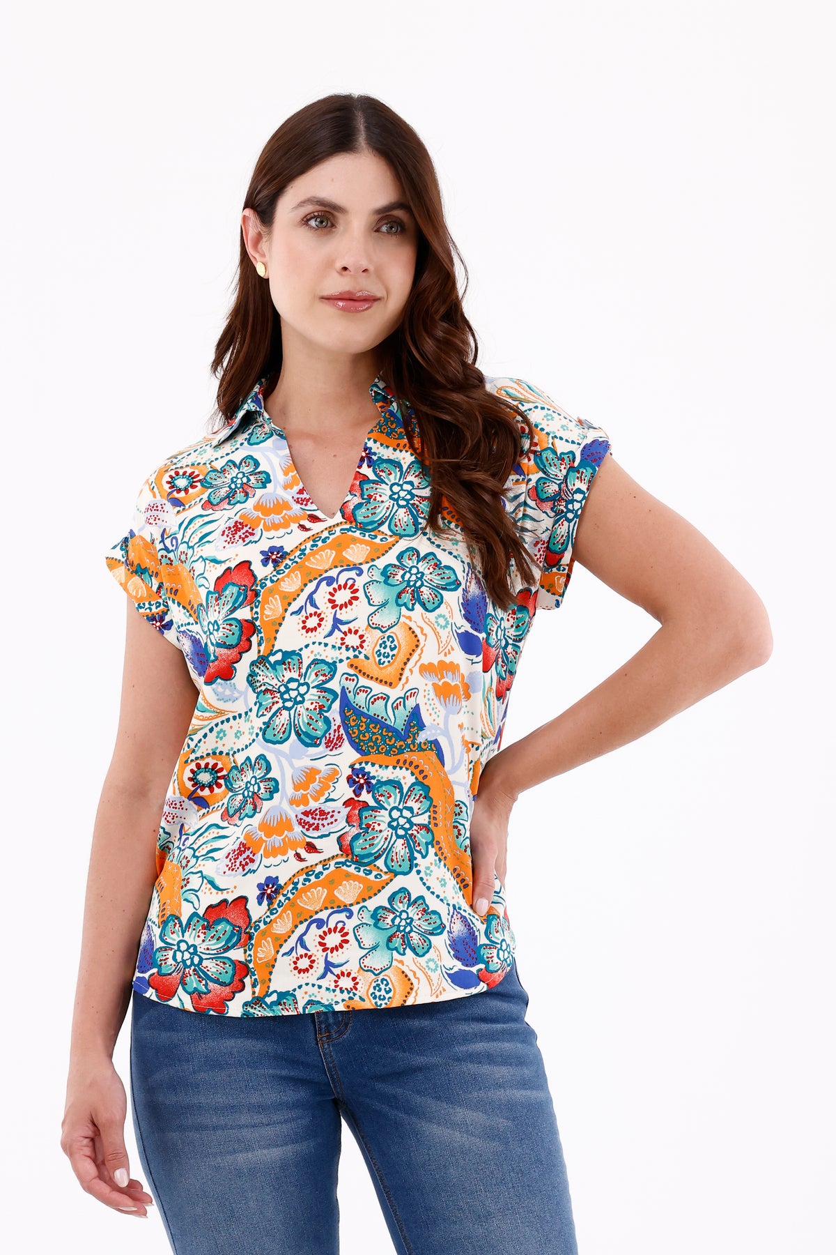 Blusa Manga Rodada Flores Hojas Naranja